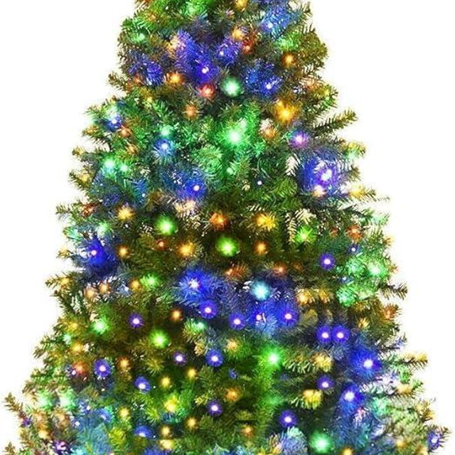Goplus 6FT Pre-Lit Christmas Tree, Artificial Hinged Spruce Xmas Full Tree with 350 LED Multicolor Lights, 11 Flash Modes, 1000 PVC Branch, Foldable Base, for Indoor Holiday Decor