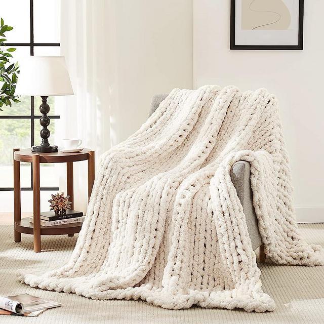 L'AGRATY Chunky Knit Blanket Throw,Soft Chenille Yarn Throw Blanket 60x80，Handmade Thick Cable Knit Crochet Blanket,Large Knit Blanket Chunky Yarn,Rope Knot Throw Blanket for Couch Sofa Bed Home Decor