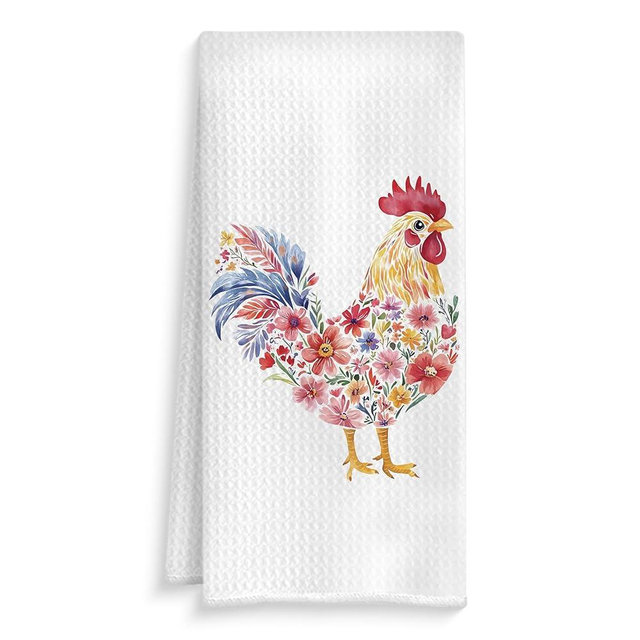 ROXMART Rustic Floral Rooster Kitchen Towels, Gifts for Chicken Lovers Dish Tea Towels, Farmhouse Flower Chicken Decorative Hand Towel for Bathroom Kitchen, 16x24 Inch