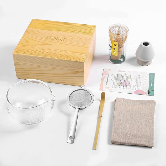 Bamboo Matcha whisk Kit, Matcha Tea Set, Bamboo Matcha Whisk and bowl (Chawan) Scoop (Chashaku), Chasen Holder, Tea Strainer (Sifter), Tea Towel in Wooden Case - Ideal Travel Matcha Ceremony Kit