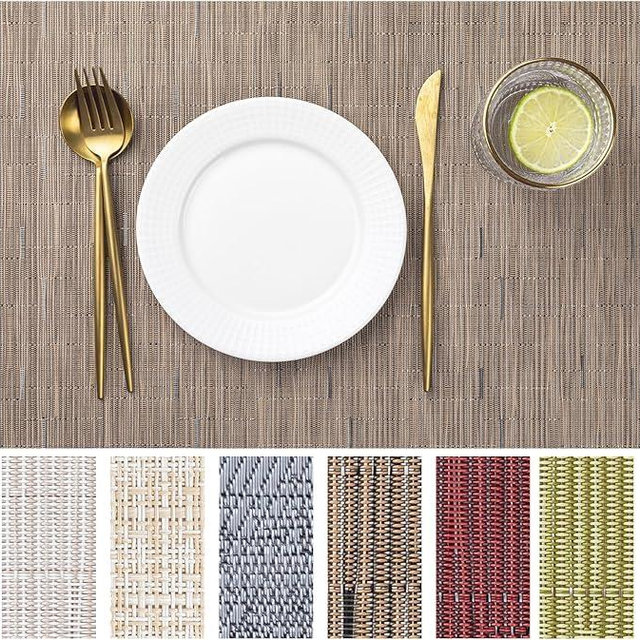 LEXMORE PVC Woven Placemats 6 PCS Wipeable Indoor/Outdoor Table Mats Washable Vinyl Place Mats for Dining Table, Set of 6-Light Brown