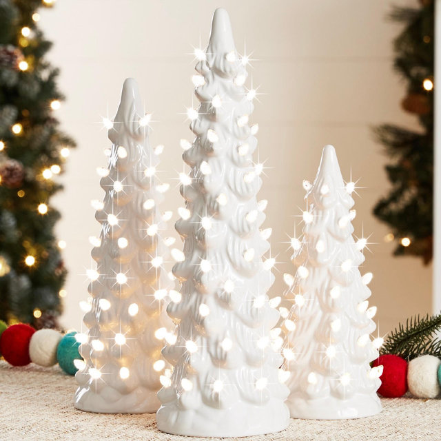 Best Choice Products Set of 3 Pre-Lit Hand-Painted Ceramic Tabletop Christmas Trees w/ Warm White Bulbs - White
