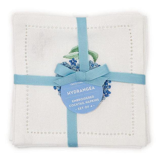 Two's Company Hydrangea Set of 6 Hemstitch Cocktail Napkins w/Hand Embroidered Details
