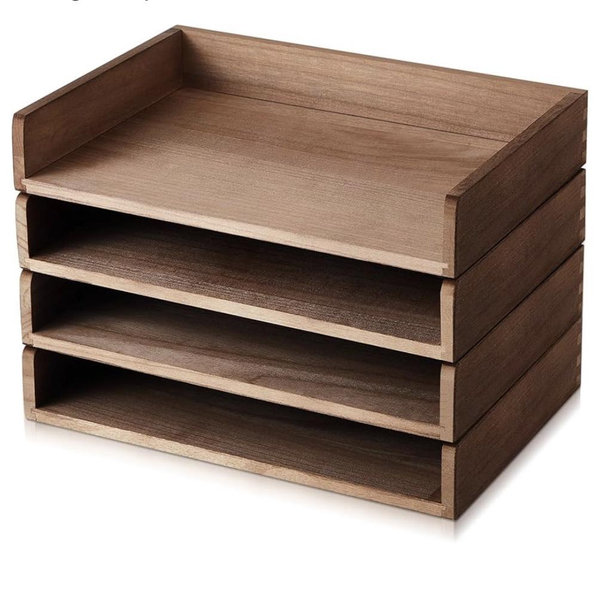 Yeaqee 4 Pcs Stackable Paper Organizer Tray Wood Desk Organizer Letter Tray Desktop Letter Size Office Wooden Desk Shelf Paper Holder Folder Organization Rack for Mail File Document(Dark Wood Color)