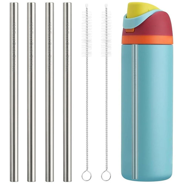 Sipcupmate Metal Straw Replacement Set Compatible with Owala 24oz/32oz Freesip Water Bottle, Durable Stainless Steel Replacement Straws with 2 Cleaning Brushes-4Pcs
