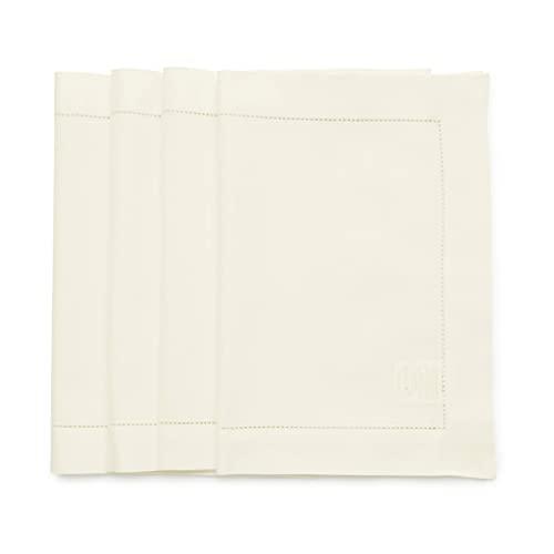 Solino Home Hemstitch Cotton Linen Placemats - 14 x 19 Inch, Set of 4 - Natural Fabric Machine Washable Placemats - Handcrafted with Mitered Corners - Ivory