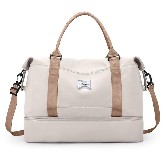 Travel Duffel Bag with Shoes Compartment, Shoulder Weekender Overnight Bag for Women,Travel Tote Bag Sports Gym Bag with Wet Pocket,Beige & Brown