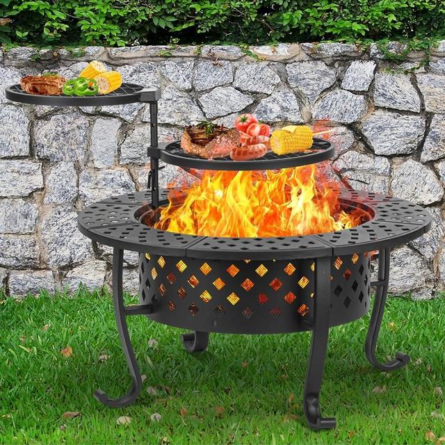 Panovue 36 Inch Fire Pit with 2 BBQ Grills, Wood Burning Fire Pits for Outside with Lid & Fire Poker, BBQ& Outdoor Firepit & Round Metal Table 3 in 1 for Patio, Picnic, Party…