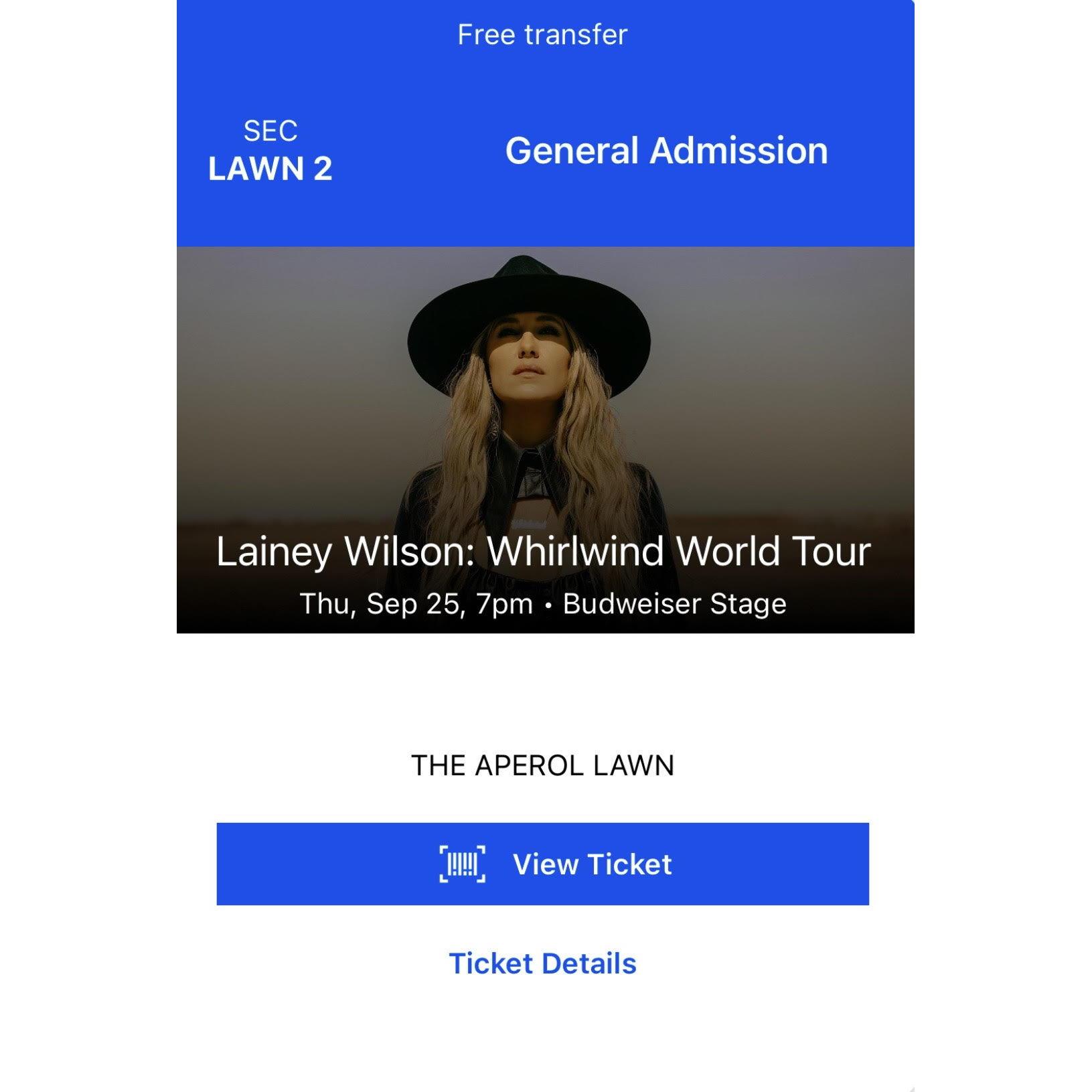 Door Prize #3  -  2 Lainey Wilson Concert Tickets - Lawn GA - Thurs. Sept. 25th - Budweiser Stage