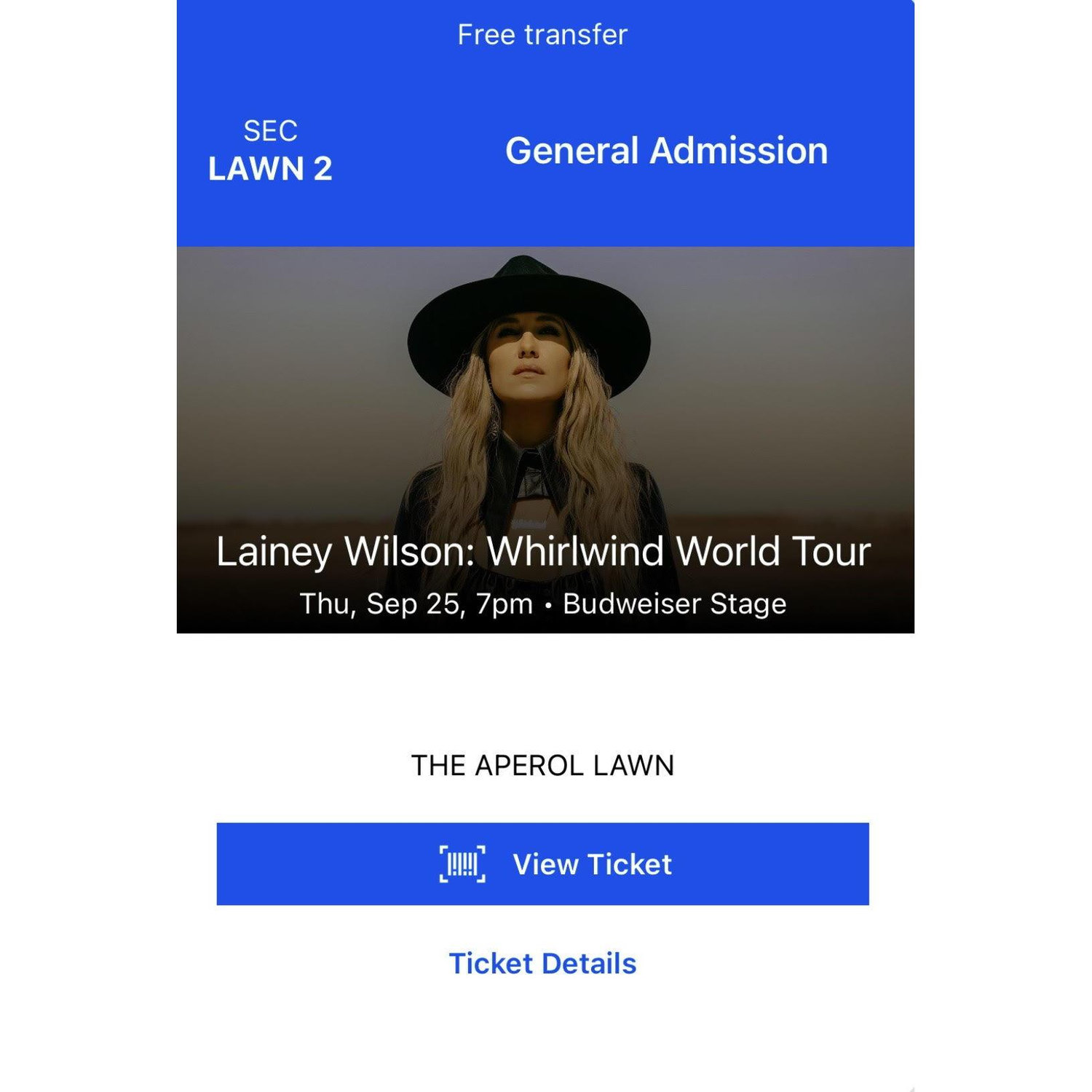 Door Prize #3 - 2 Lainey Wilson Concert Tickets - Lawn GA - Thurs. Sept. 25th - Budweiser Stage