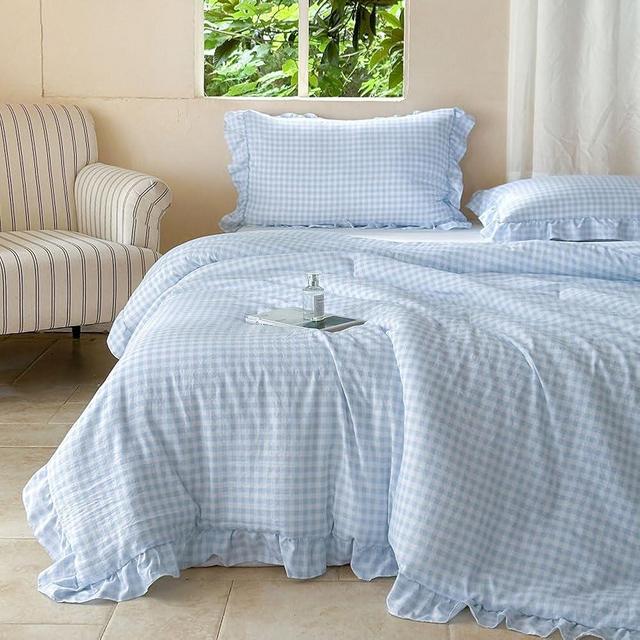 NSNLGSGC Light Blue Ruffle Gingham Comforter Set Queen, Pre-Washed Ruffled Plaid Checked Comforter Bedding, 3 Pieces Vintage Farmhouse Grid Bedding Set(Blue Gingham, Queen)