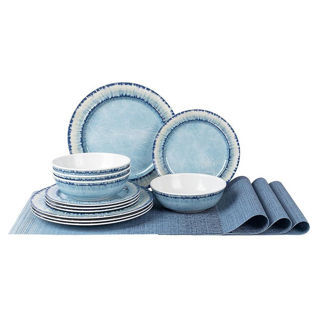 AELS Melamine Dinnerware Set of 12 Pcs Dinner Dishes Set with 4 Placemats for Indoor and Outdoor Use, Dishwasher Safe, Lightweight Unbreakable, BPA Free, Light Blue