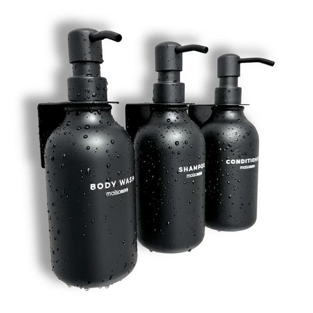 MaisoNovo Shampoo Dispenser for Shower Wall 3 Chamber - Drill Free Shower Soap Dispenser Wall Mount with Waterproof Labels | 3 Black Plastic Bottles with Black Metal Pumps