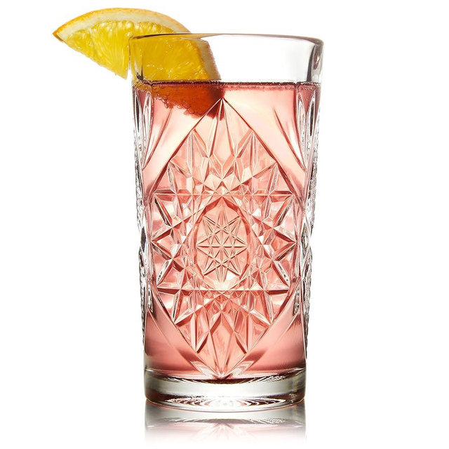 Libbey Hobstar Cooler Glasses, Cut Glass Drinking Glasses Set of 4, Hi-Ball Textured Drinking Glasses, 16 oz Cocktail Glass Set for Soda, Mixed Drinks