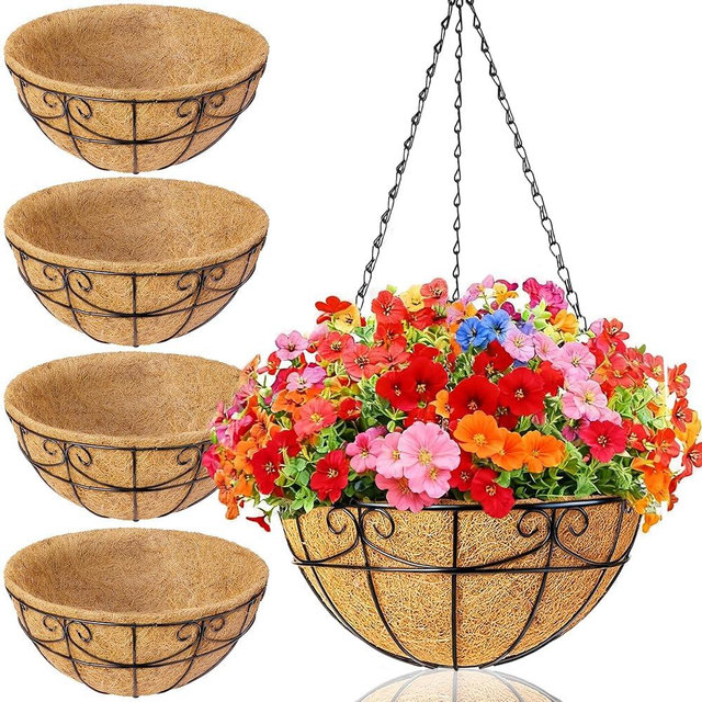 EINYEXW 4 Pack 13.5 Inch Hanging Baskets for Plants Outdoor - Metal Hanging Planters for Outdoor Plants with Coco Liners - Heavy Duty Empty Hanging Flower Pots for Porch Patio Garden