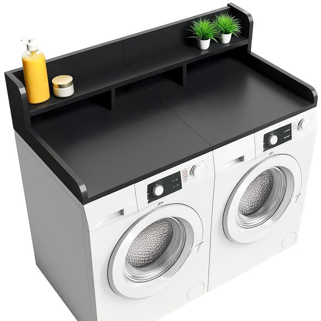 Qiaoxuan Washer Dryer Countertop with Shelf, 54" x 27" Wooden Laundry Countertop Cover with Non-Slip Pad and Guard, Washer and Dryer Covers for The Top, Laundry Room Organization and Storage (Black)