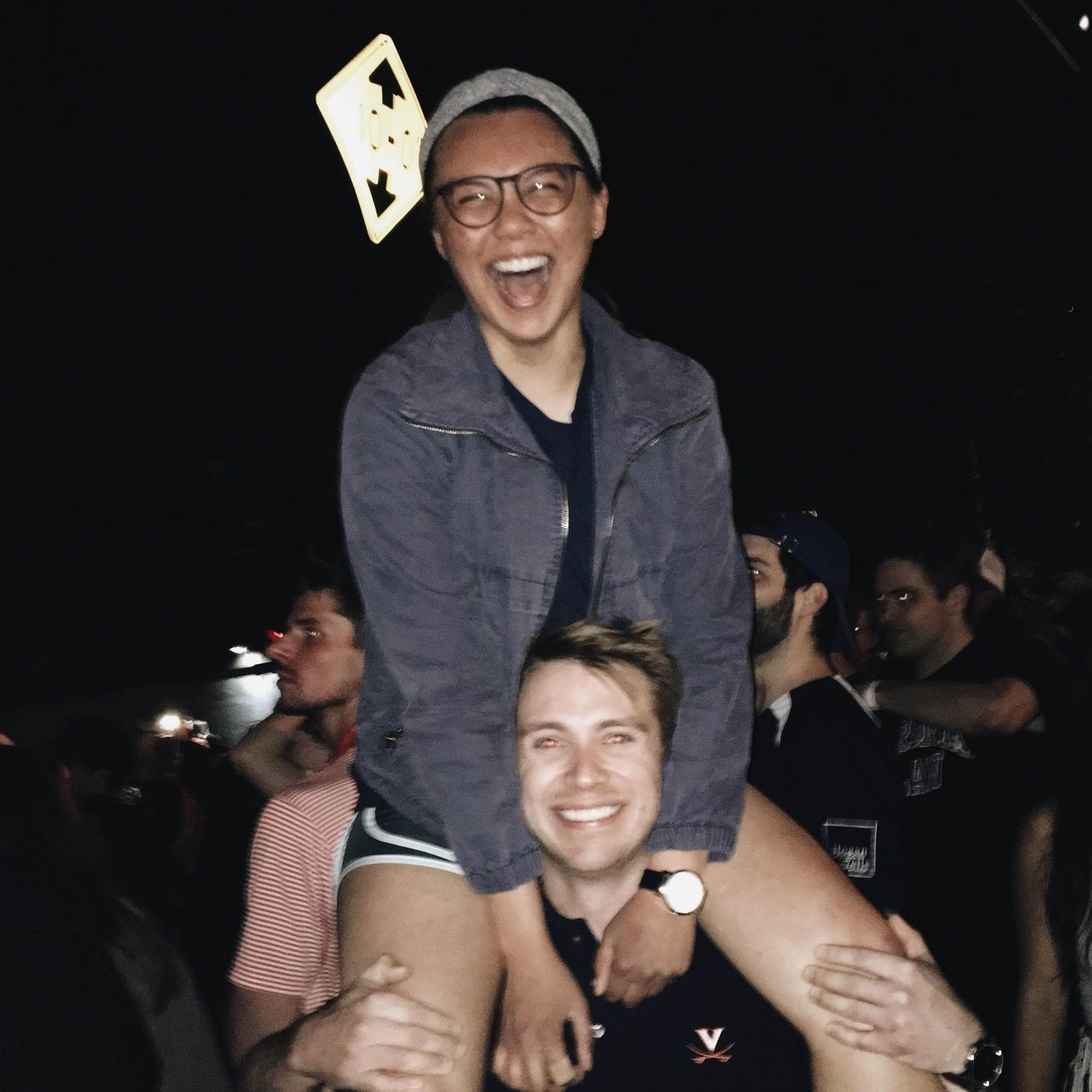 Celebrating UVA's Final Four win in 2019! (Not pictured: Ashley tackling Walter in excitement on Beta Bridge)