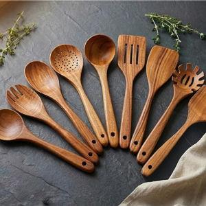 Zulay Kitchen 9-Piece Teak Wood Cooking Utensil Set – Non-Toxic & Non-Stick Safe Wooden Spoons & Kitchen Tools with Comfortable Grip, Smooth Finish Natural Teak – Perfect Kitchen Gift Set