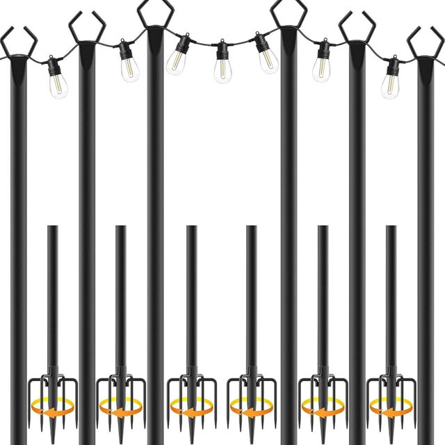 AILBTON 10Ft String Light Poles 6 Pack,Light Poles for Outside Lights,Outdoor with Fence Brackets Hanging Lights,Metal Stand Deck Patio Backyard