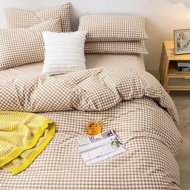 mixinni Tan Gingham Comforter Set King, Plaid Comforter Set 3 Pieces 1 Beige Grid Comfoter with 2 Pillow Cases for All Seasons, Soft Fluffy Modern Grid Pattern Printed Bedding-King Size