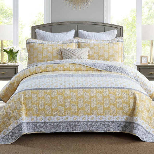 AJOCCI Yellow Quilts Queen Size, Cotton Bed Set, Yellow Grey White Comforter, Striped Bedding Queen Size, Lightweight Luxury Bedspread,3 Piece