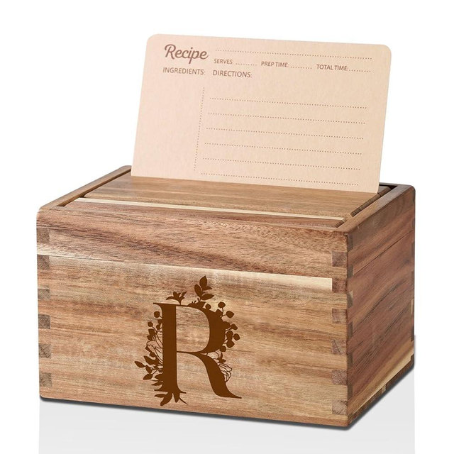 INNObeta Personalized Gifts Recipe Box, Personalized Initial Recipe Card Holder Box with 50 4 x 6 inch Recipe Cards, 10 Dividers, Initial Recipe Organize - R