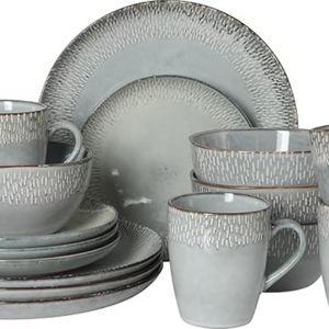 Gibson Elite Jasper 16 Piece Plates and Bowls Reactive Glaze Dishes Stoneware Ceramic Dinnerware Set - Service for 4 - Grey