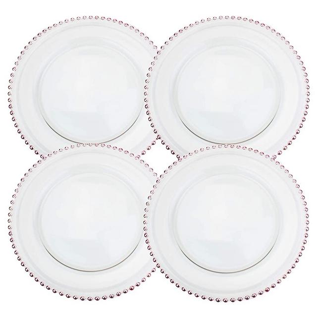Clear Glass Charger 12.6 Inch Dinner Plate With Beaded Rim - Set of 4 - Rose Gold