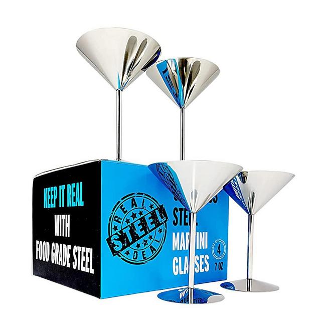 Stainless Steel Martini Glasses: Set of 4, Real Deal Steel Shatterproof 8 oz Metal Cocktail Glasses, Unbreakable, Durable, 18/8 Mirror Polished Finish, Unique