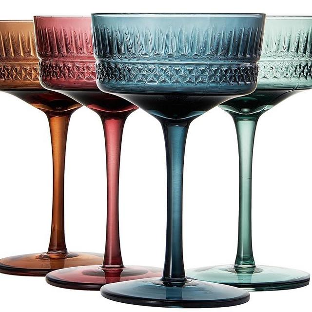 Art Deco Colored Crystal Coupe Glass | Set of 4 | Large 9.6oz Stemmed Glassware Muted Vintage Glasses for Champagne, Cocktail, Margarita, Wine Glass, Gift Idea, Pastel Unique Speakeasy Style Goblet
