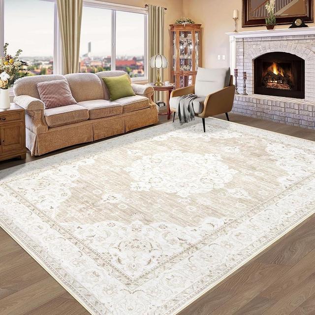 Vintage Living Room Area Rug - 8x10 Large Machine Washable Boho Moroccan Rug Distressed Farmhouse Rugs for Bedroom - Soft Non-Slip Indoor Carpet for Dining Room Office Nursery(Boho Beige, 8'x10')