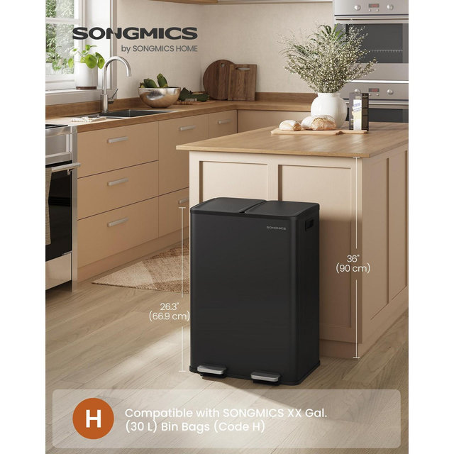 8-Gallon Dual Compartment Trash Can - Stainless Steel Kitchen Bin with Soft-Close Lid, Pedal & 15 Bags, Ink Black