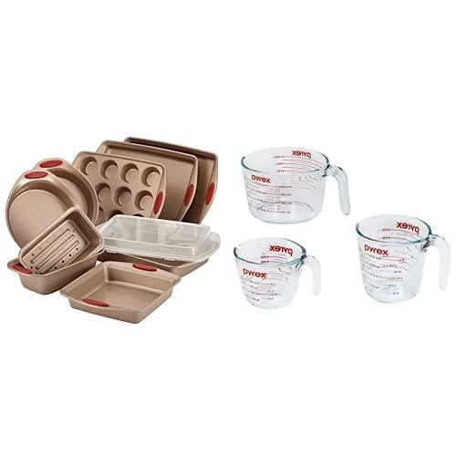 Rachael Ray 52410 Cucina Nonstick Bakeware Set with Baking Pans, Baking Sheets, Cookie Sheets, and Bread Pan - 10 Piece & Pyrex Glass Measuring Cup Set (3-Piece, Microwave and Oven Safe),Clear