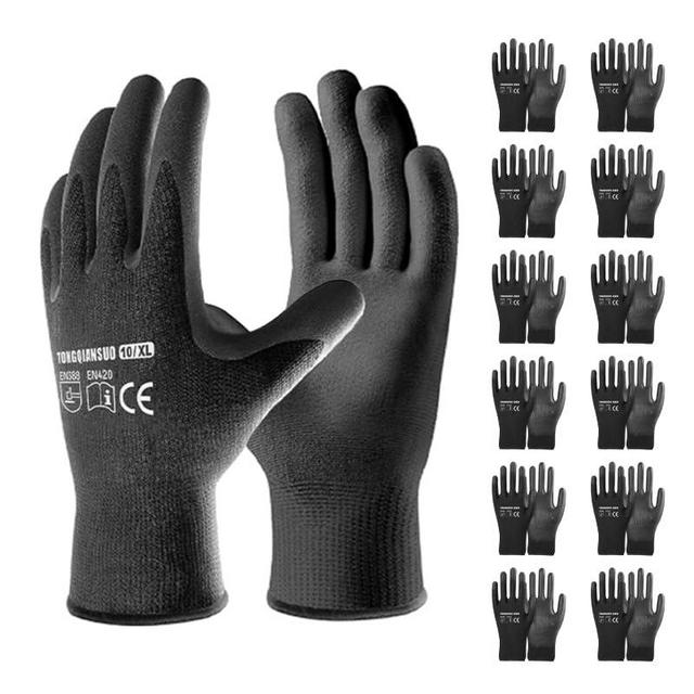 PU Work Gloves Coated Grip Lightweight Durable Breathable Non-Slip Firm Protective Knit, for Garden Construction Repair Warehouse Yard Outdoor Labor Utility Safety, Men Women Black Bulk Pack 12 Pairs