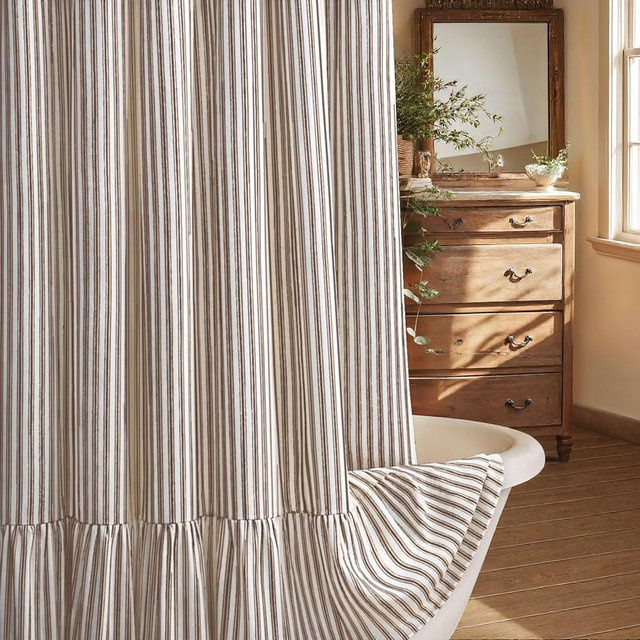 XOGUIBO Farmhouse Shower Curtain with Ruffle Hem Linen Shower Curtains for Bathroom Country Vintage Rustic Natural Fabric, Cream-Brown Stripe 60" W x 72" L