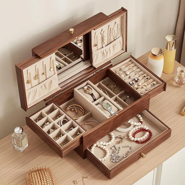 Homruilink Wooden Jewelry Box for Women, 3 Level Multi-functional Drawers Black Walnut Jewelry Organizer Box, Watch, Necklace, Ring, Earring Storage Mother's Day Gifts(With Mirror B)