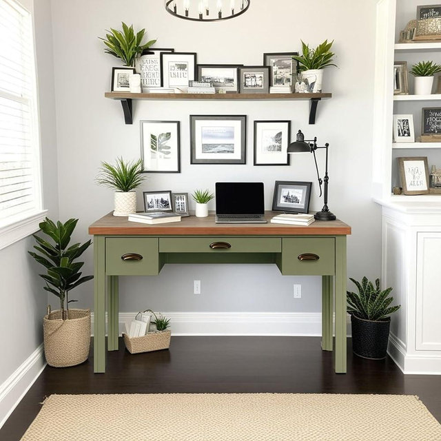 Bridgevine Home Vineyard Modern Farmhouse 53 inch Wooden Writing Desk, Fully Assembled, 3 Drawers, Poplar Solid Wood, Sage Green and Fruitwood Finish