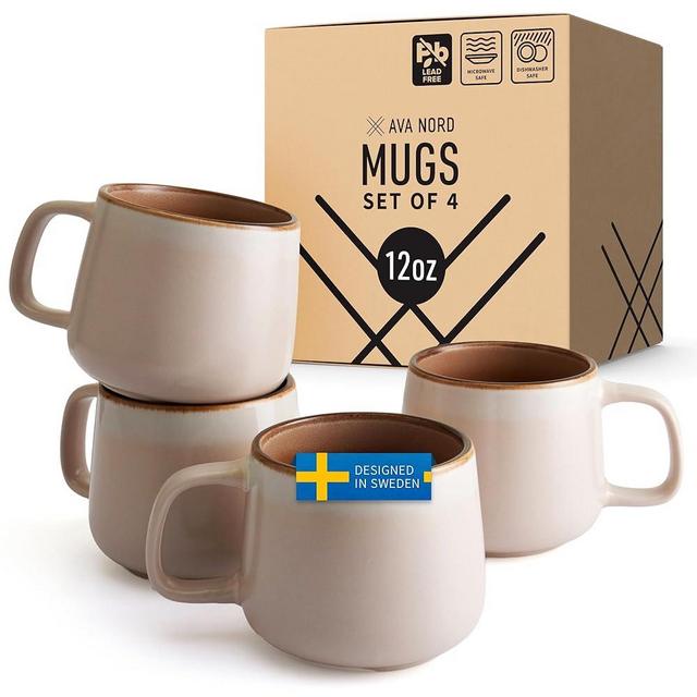 Ava Nord Ceramic Coffee Mugs Set of 4 | 12 oz Stoneware Coffee Cups | Lead-Free, Non-Toxic | Microwave and Dishwasher Safe | Comfortable Handle | Modern Nordic Design for Tea and Latte | Rose Sand