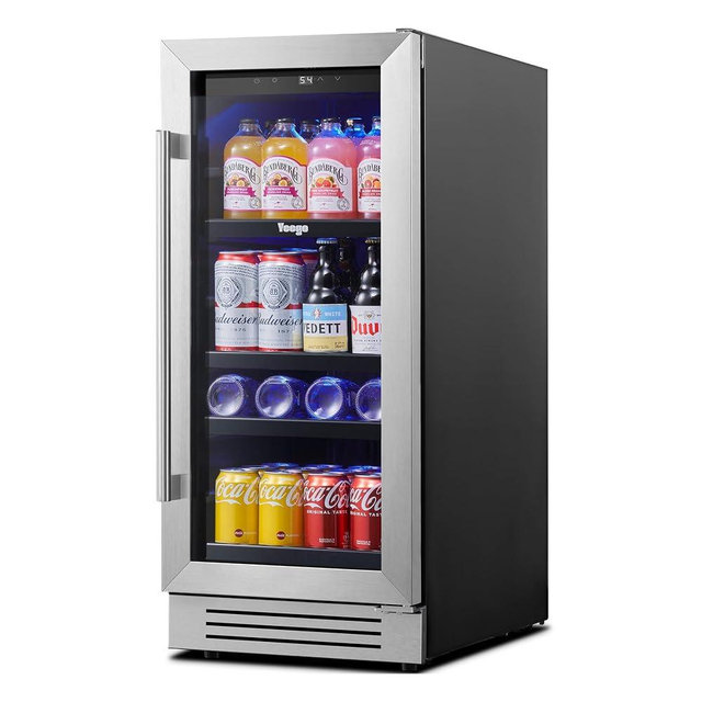 Yeego Beverage Refrigerator Cooler - 15 inch 100 Cans Mini Fridge with Glass Door, 34-54 ℉ Drink Cooler, Built-in or Freestanding for Wine Beer Soda Bar Office Home Dorm
