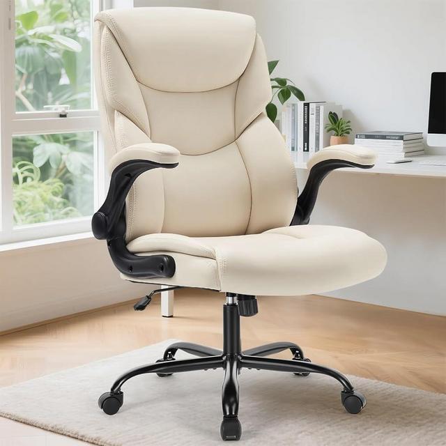 Sweetcrispy Ergonomic Office Chair Heavy Duty Task Desk Gaming Chair with Flip-up Arms, PU Leather, Adjustable Swivel Rolling Chair with Wheels,Cream White