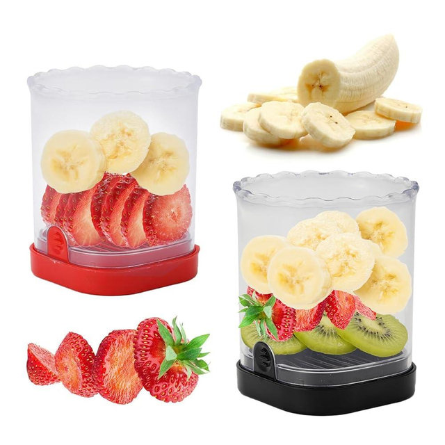 2 Pcs Fruit Slicer Cup, Strawberry Cutter Slicer Cup, Banana Egg Slicers Detachable Fruit with Push Plate, Strawberry Cutter Kitchen Gadget (Black & Red)