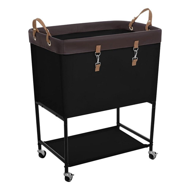 StorageWorks Laundry Cart, 2 Tier Rolling Laundry Basket, Heavy Duty Laundry Basket with Lockable Wheels, Laundry Room Organization and Storage, Clothes Hamper for Bedroom, Dorm, Closet, 29Gal, Black