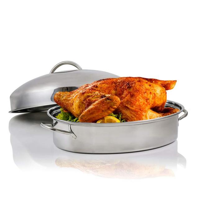 Ovente Oval Roasting Pan 16 Inch Stainless Steel Non Stick Coated Tray with Lid and Rack, Durable and Dishwasher Safe, Perfect for Oven Cooking During Party and Gathering, Silver (CWR32161S)