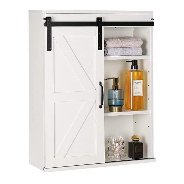 RUSTOWN Farmhouse Wood Wall Storage Bathroom Cabinet with Sliding Barn Door, Rustic Medicine Cabinet with Adjustable Shelf, 3-Tier Vintage Cabinet for Kitchen, Bathroom, Living Room (Vintage White)