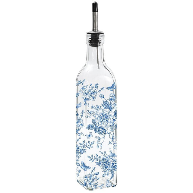 JarThenaAMCS Chinoiserie Olive Oil Dispenser Bottle Blue Floral Glass Cruet Bottle with Spout Cooking Vinegar Container for Home Kitchen Table Countertop Decor