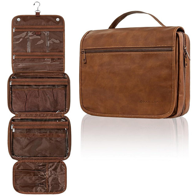 PAVILIA Hanging Toiletry Bag Women Men, Foldable Cosmetic Organizer Travel Bag, Water Resistant Makeup Bag Toiletries, Large Travel Essentials Kit (Brown)