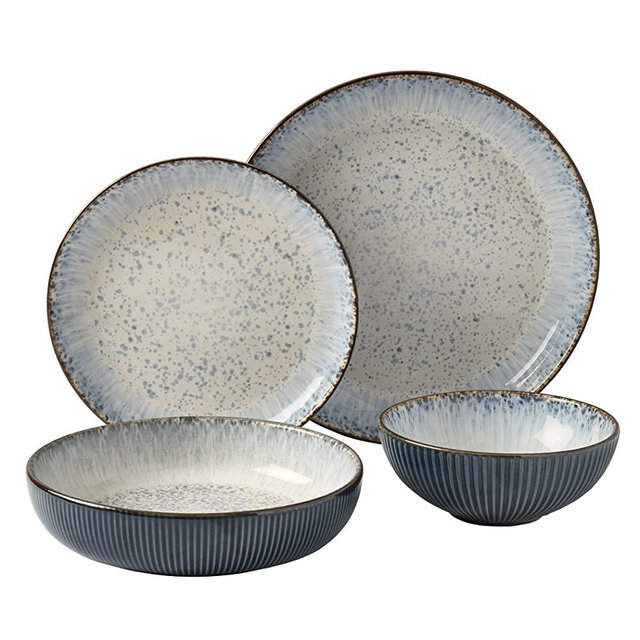 Tabletops Gallery Speckled Farmhouse Collection- Stoneware Dishes Service for 4 Dinner Salad Appetizer Dessert Plate Bowls, 16 Piece Jura Embossed Dinnerware Set in Smoke