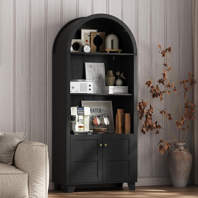 Seeday 71" Tall Arched Cabinet, 5-Tier Kitchen Pantry Cabinet, Display Cabinets with Double Doors, Wood Versatile bookself for Living Room, Kitchen, Dining Room, Home Office, Black