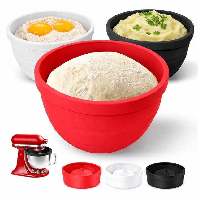 Silicone Bowl Liners for KitchenAid Stand Mixer 4.5–5Qt Tilt-Head, 3mm Extra Thick Food-Grade Non-Stick Bowl Insert with Splash Lids & Scale Markings, Foldable & Reusable, 3 Pack (Red, White, Black)
