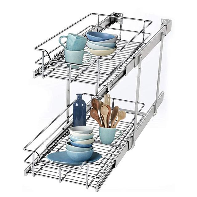 STORKING 2 Tier Wire Basket Pull Out Organizer Shelf Sliding Drawer Storage for Kitchen Base, Double-Tier Heavy Duty Cabinets Chrome-Plating, 15”W x 24”D Cabinet Opening Wire Frame Plating Finish
